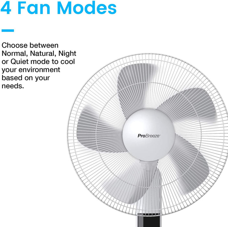 Pro Breeze 16-Inch Pedestal Fan with Remote Control and LED Display - 4 Modes - 80° Oscillation - Adjustable Height & Pivoting Fan Head, White