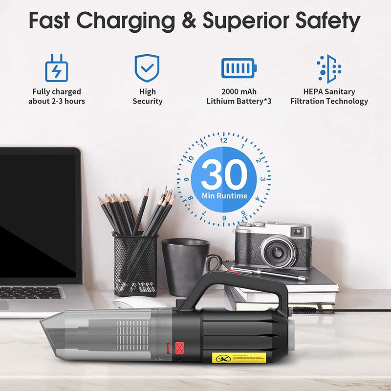 Vacuum cleaner uses fast charging technology and it only takes 3-4 hours to fully charge. And the vacuum cleaner has built-in 3 2000mAh lithium batteries, the super-capacity power supply can work continuously for 30 minutes, and can clean all the rooms after being fully charged.