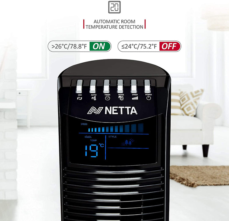 NETTA Tower Fan, 36 Inch Oscillating with Remote Control, LED Display, 3 Speed Settings With 8 Hours Timer, Bladeless Floor Fan - Black
