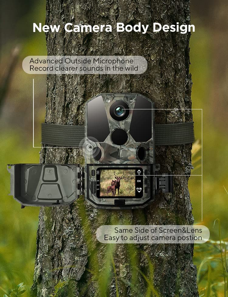 CEYOMUR Wildlife Camera, WiFi Bluetooth 30MP 1296P Trail Camera with 120° Motion Sensor 0.2s Trigger Speed 36pcs IR LEDs Night Vision IP66 Waterproof