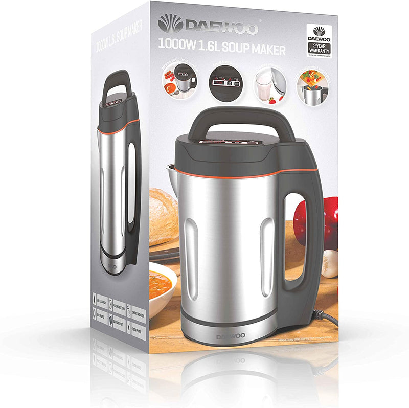 Daewoo 1.6L Family Sized Soup Smoothie Maker, Makes Smooth & Chunky Soup, Led Indicator Lights, Overfill & Overspill Sensors, Stainless Steel, 1000W