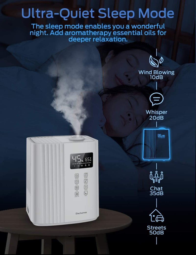 SMART AUTO MODE & NEAR-SILENT SLEEP MODE: SH8830 ultrasonic humidifier built-in accurate humidistat and intelligent constant humidity system regulate its humidity from 55%-68%