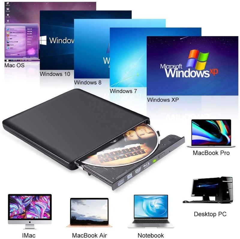 External Blu Ray DVD Drive, USB 3.0 Type C Bluray Disc Burner Slim BD CD DVD RW ROM Writer Rewriter Reader Player for Laptop PC Macbook Windows