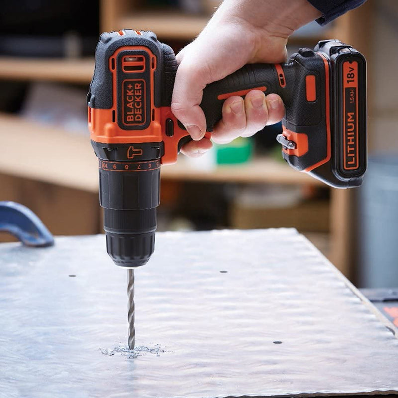 BLACK+DECKER 18 V Cordless 2-Gear Combi Hammer Drill Power Tool with Kitbox, 1.5 Ah Lithium-Ion, BCD700S1K-GB