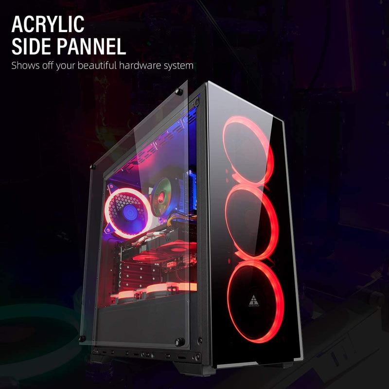 GOLDEN FIELD N17 PC Case Windowed Mid-Tower ATX/M-ATX/ITX Gaming PC Case With 3 Halo Red LED Case Fan For Desktop Computer PC