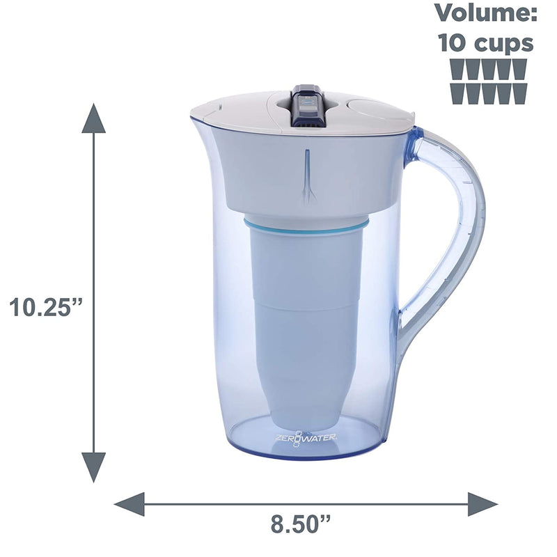 ZeroWater 10 Cup Round Water Filter Jug With Advanced 5 Stage Filter, Water Quality Meter + Water Filter Cartridge Included, 2.4 litres, transparent