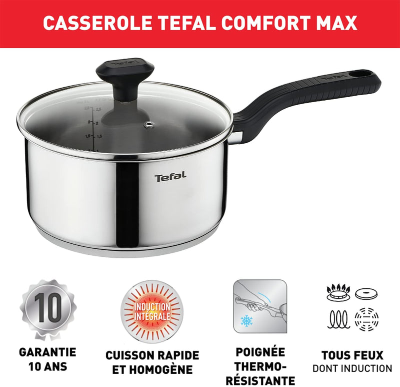 Tefal C973S344 Comfort Max Stainless Steel Saucepan Set, 3 Pieces - Silver
