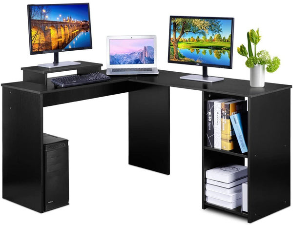 dosleeps L Shaped 53" Computer Corner Desk, FREE Monitor Stand, Home Gaming Desk, Office Writing Workstation with 2 Storage/Book Shelves, Black