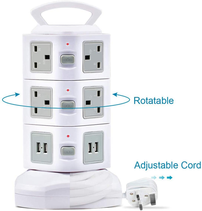 GLCON Tower Extension Lead with USB Slots, Surge Protected Multi Plug Extension 10 AC Outlets & 4 USB Ports (5V/3.1A) White