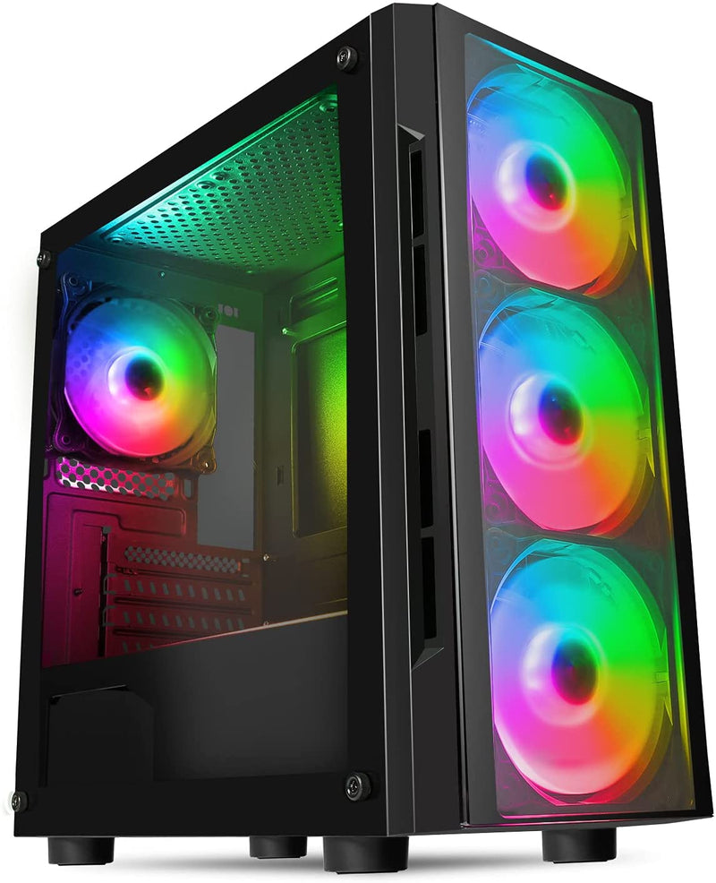 CiT Flash ARGB PC Gaming Case, Micro-ATX, 4 x 120mm ARGB Rainbow Fans Included, Tempered Glass, LED Button, 8 Fan Support, Water-Cooling Ready | Black