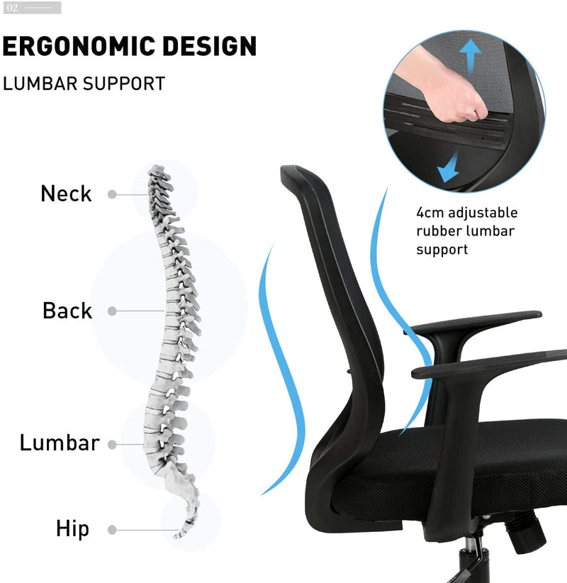 Hbada Office Chair Ergonomic Desk Chair with Breathable Mesh Back, Armrest and Adjustable Lumbar Support, Height Adjustable Computer Chair, Black