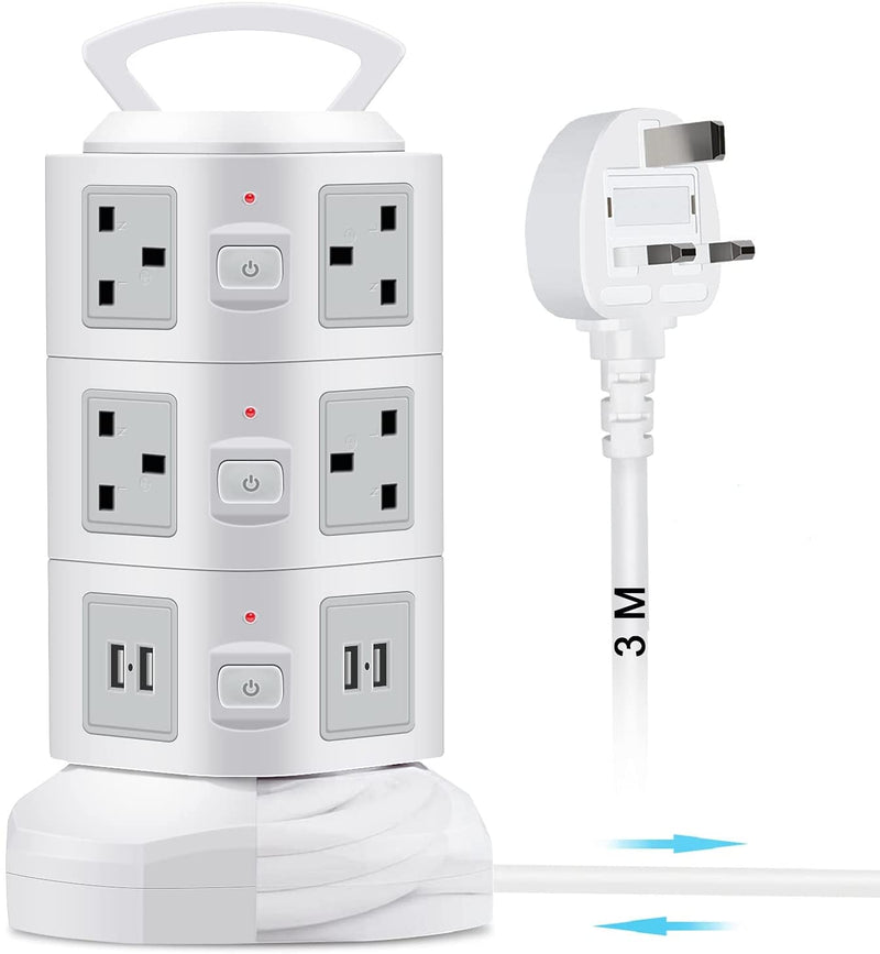 GLCON Tower Extension Lead with USB Slots, Surge Protected Multi Plug Extension 10 AC Outlets & 4 USB Ports (5V/3.1A) White