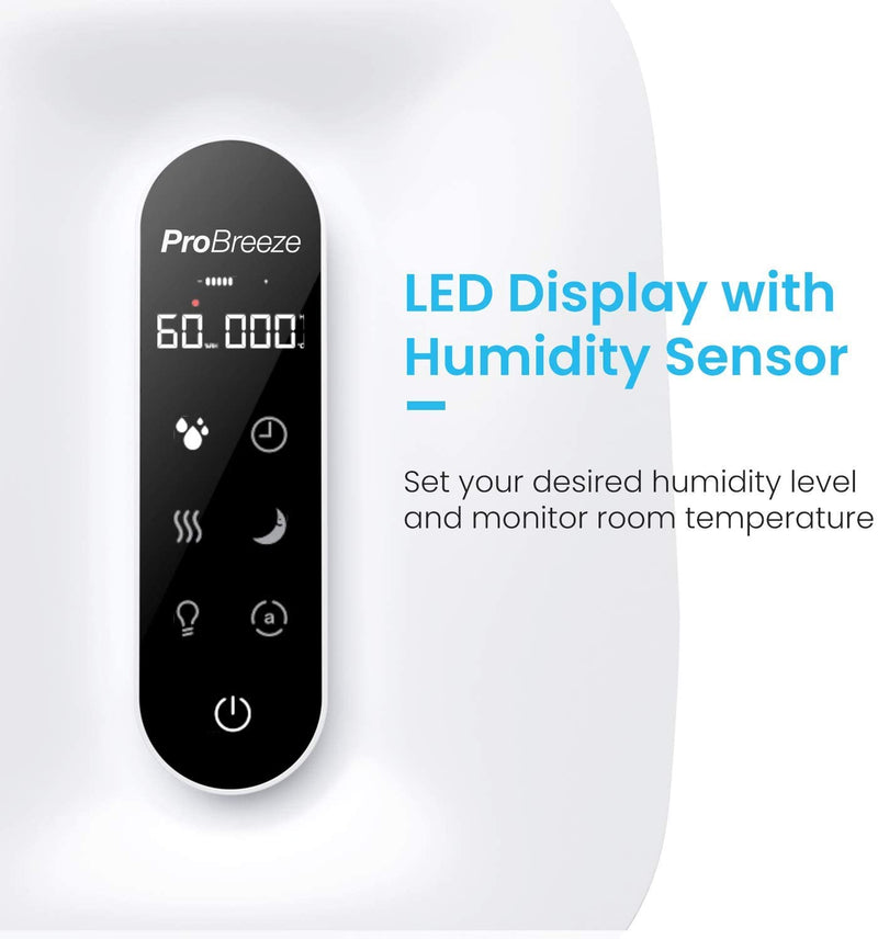 Led Display With Auto Mode: Accurately monitors room humidity and adjusts mist output to maintain desired humidity level