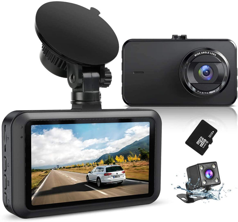 Dash Cam Front and Rear with SD Card FHD 1080P 3”IPS Screen Dual Camera DVR Car Recorder Night Vision Parking Mode Motion Detection Loop Recording