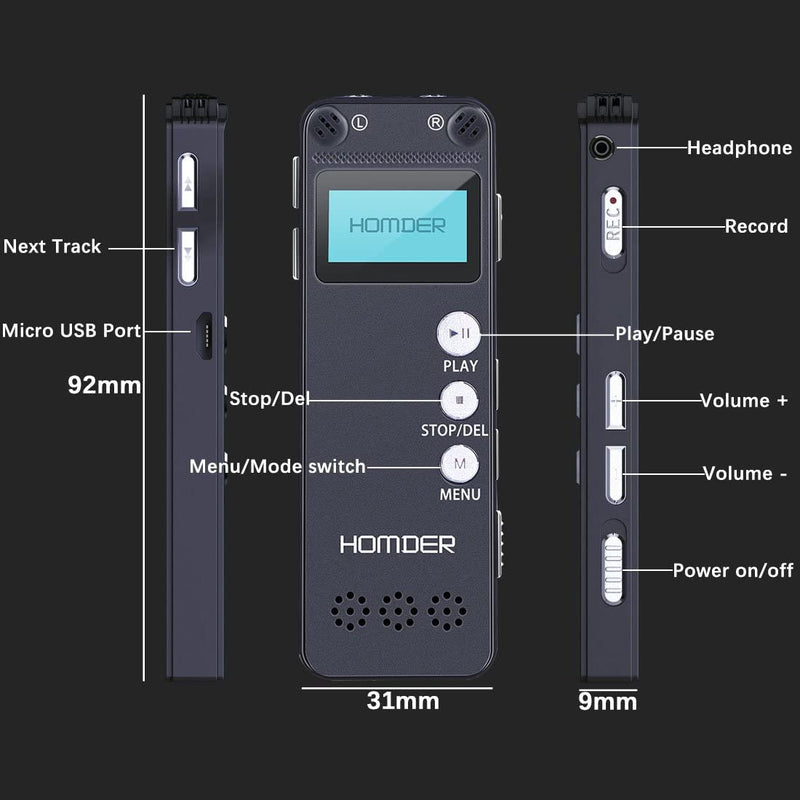 Homder Digital Voice Recorder USB Professional Dictaphone Voice Recorder with MP3 Player, Voice Activated Recorder 8GB