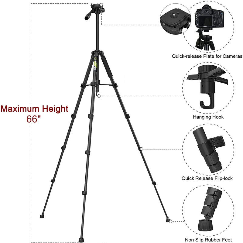 Endurax 66" Video Camera Tripod for Nikon Canon, DSLR Cameras Stand Tall Tripods Lightweight Aluminum with Universal Phone Mount and Carry Bag