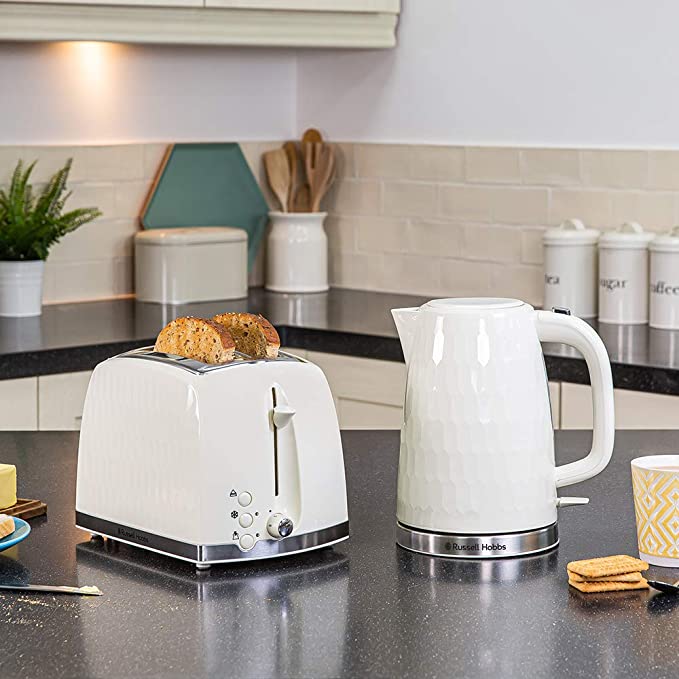 Russell Hobbs 26062 2 Slice Toaster - Contemporary Honeycomb Design with Extra Wide Slots and High Lift Feature, Cream