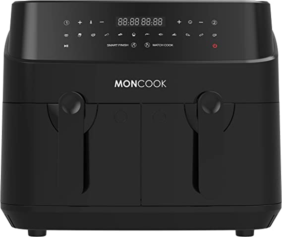 MONCOOK Double Air Fryer, 2-in-1 Drawer, 9L With 2 x 4.5L Baskets - 50 Recipe Cookbook  - Digital LED Display Airfryer - 12 Pre-Set Cooking Programs