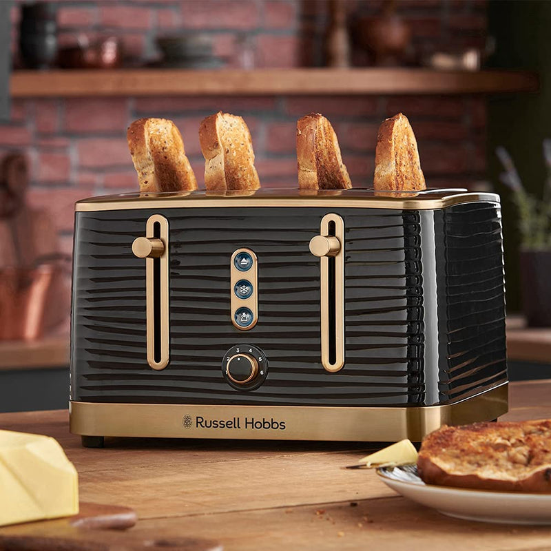 Russell Hobbs 24385 Inspire High Gloss Plastic Four Slice Toaster, Black and Brass Finish