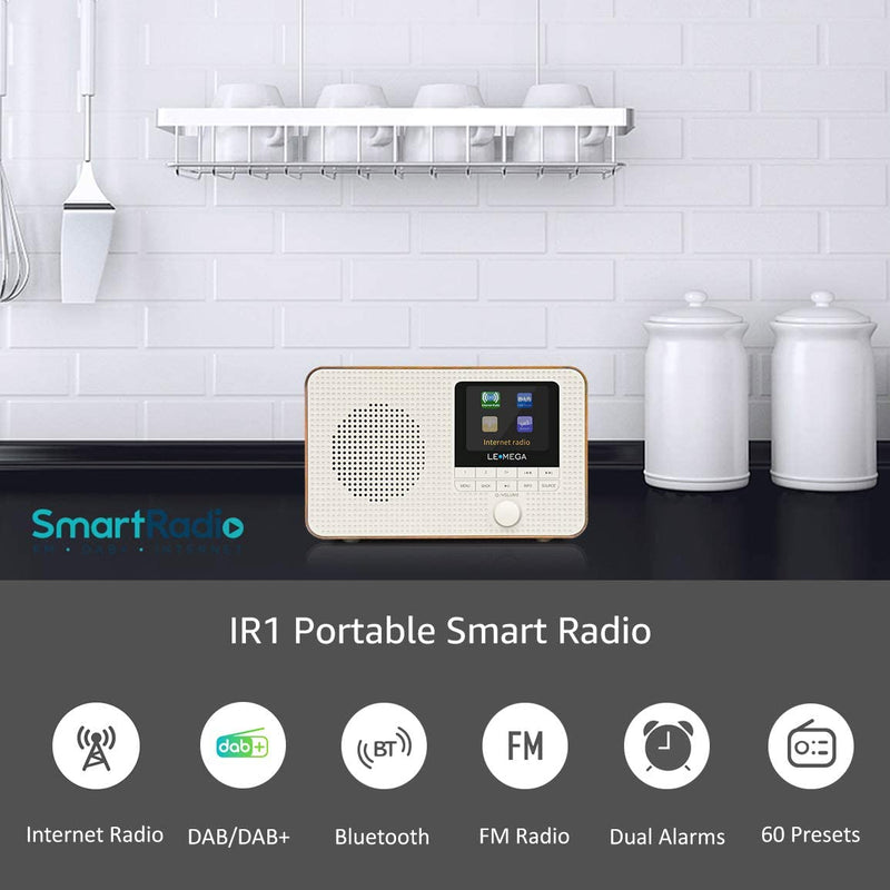 LEMEGA IR1 Portable Internet Radio WIFI, DAB/DAB+/FM Digital Radio, Bluetooth, Dual Alarms Clock, Sleep Snooze Timer, 60 Presets, Headphone-Output