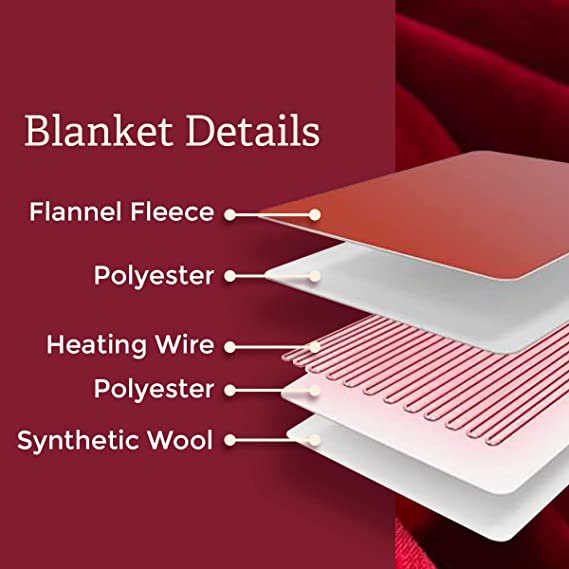 Modish FOUNT Electric Heated Throw Blanket, Red Flannel Sherpa Fleece Overblanket, 9 Heat Settings, Overheat Protection, Machine Washable - 160x130cm