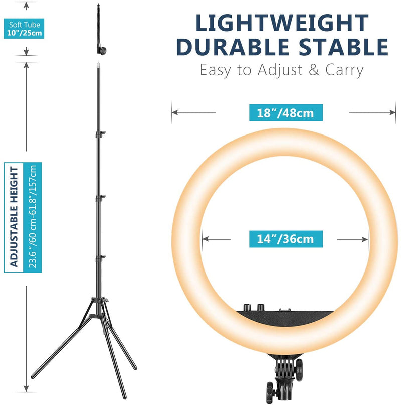 Neewer RL-18II Bi-color 18-inch LED Ring Light with Stand 55W 3200-5600K Dimmable Light with Max. 61.8inch Stand, Remote Phone Holder and Carry Bag