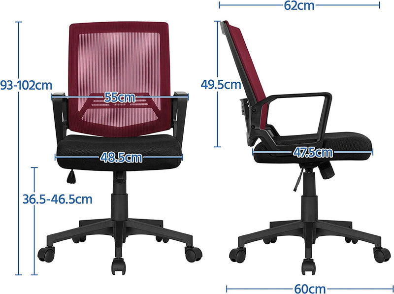 Yaheetech Adjustable Computer Chair Ergonomic Mesh Work Chair Reclining Mid-Back Study Chair with Comfy Lumbar Back Support for Home Office Red