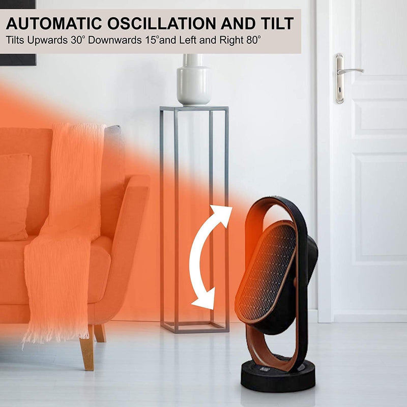 The heater features a wide oscillation angle, with Left & Right oscillation of 80°, and Up & Down tilt of 30°.