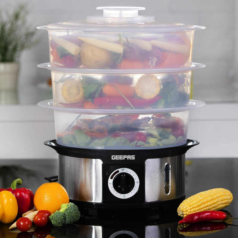 Geepas 3-Tier Food Steamer, 12L Capacity Electric Vegetable Steamer with BPA Free Removable Baskets for Healthy Steam Cooking