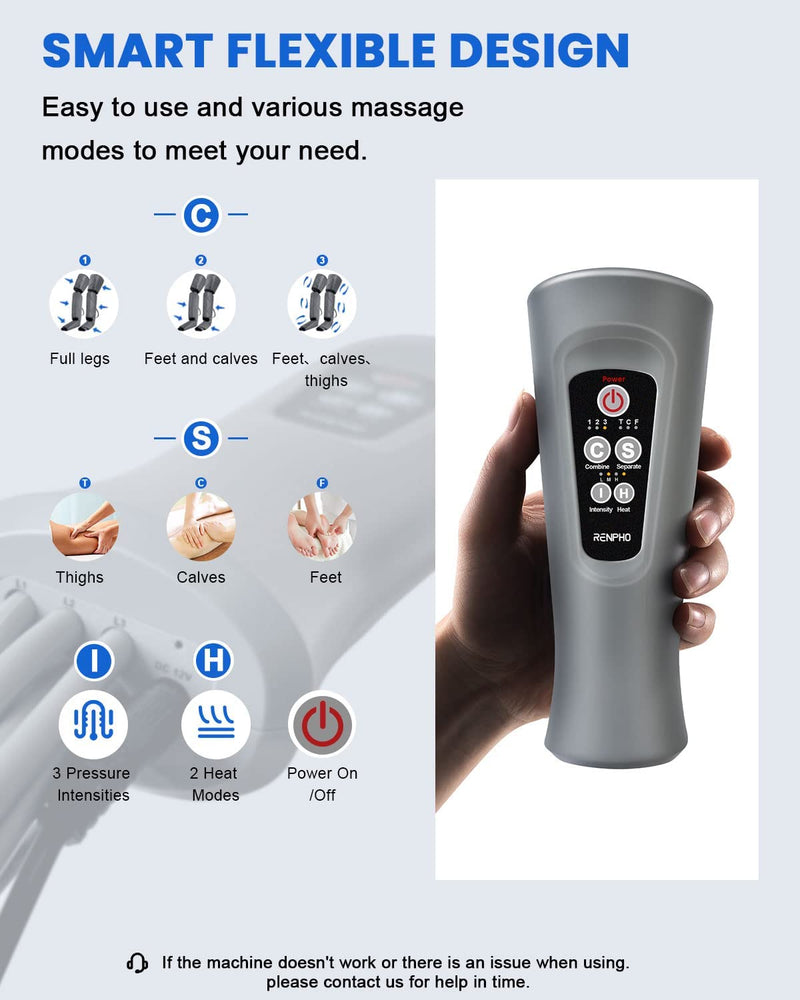 RENPHO Leg Massager for Circulation with Heat, Compression Calf Thigh Foot Massage, Adjustable Size, with 6 Modes 3 Intensities, Relax Leg Pain Muscle