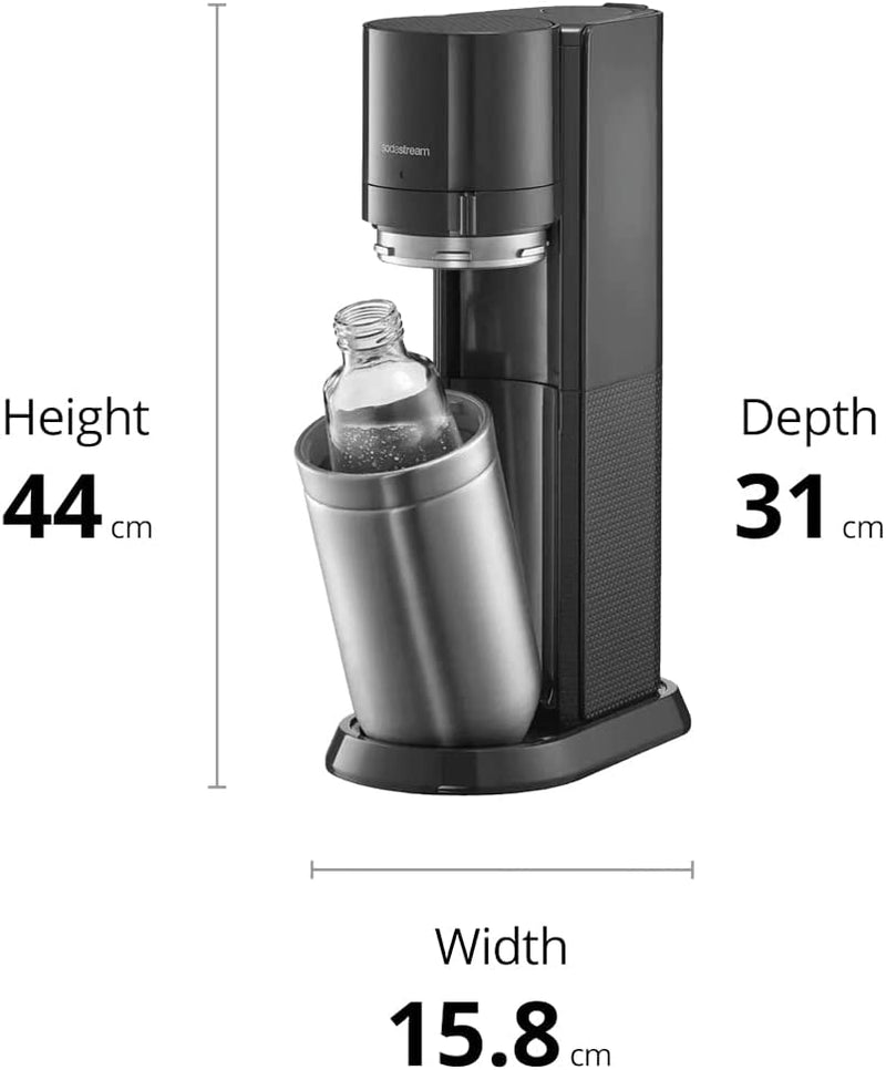 Sodastream Duo Sparkling Water Maker Machine, with 1 Litre Reusable BPA-Free Plastic Water Bottle + 1 L Glass Carafe & 60 Litre CO2 Gas Cylinder Black