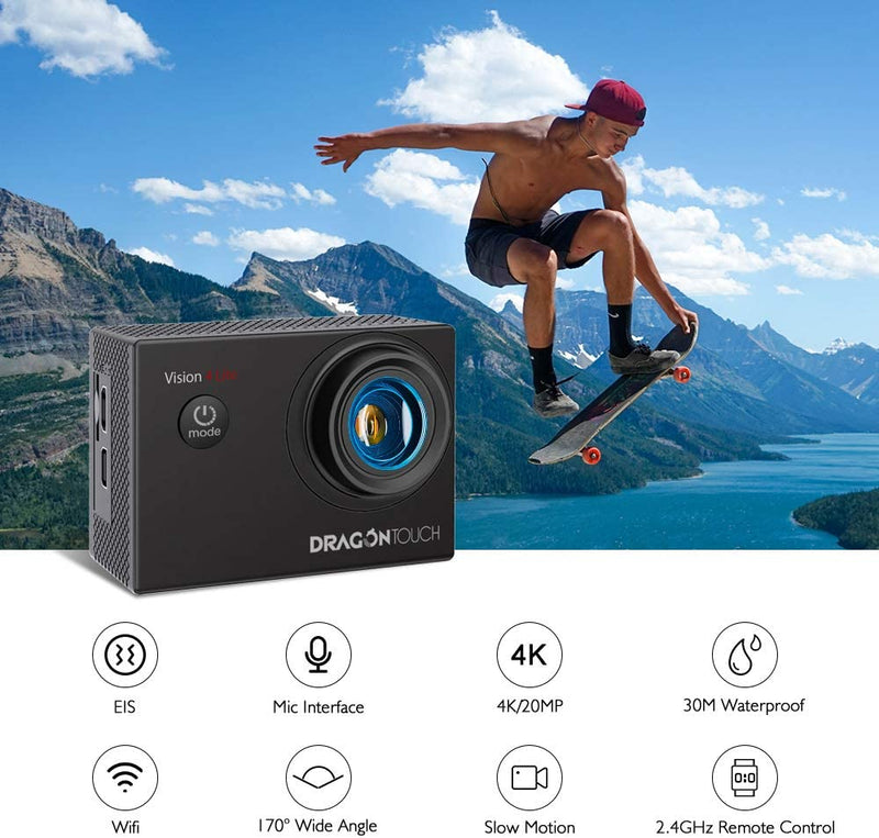 Dragon Touch 4K Action Camera, 20MP EIS Anti-shake Underwater 30M Waterproof Wifi Action Cam with Mounting Accessories Kit - Vision 4 Lite
