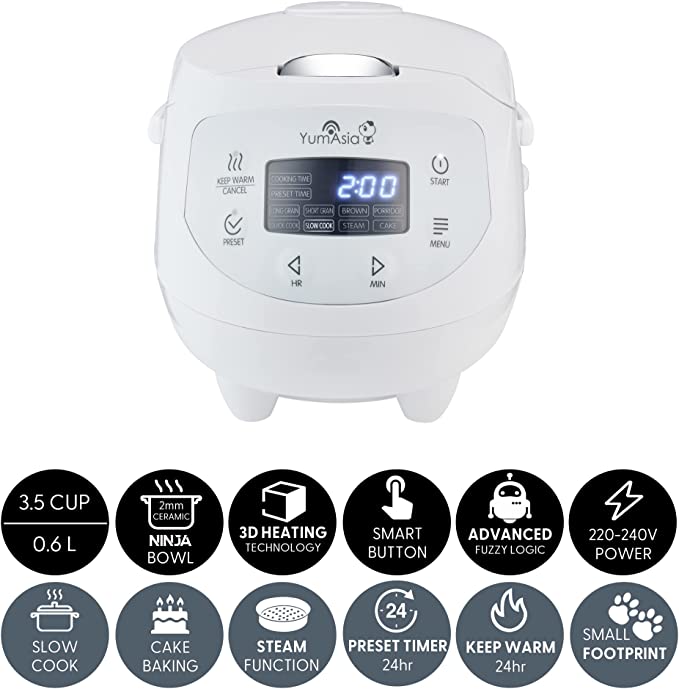 Yum Asia Panda Mini Rice Cooker With Ninja Ceramic Bowl (3.5 cup, 0.63 litre) 4 Rice Cooking Functions, 4 Multicooker Functions, LED Display, White
