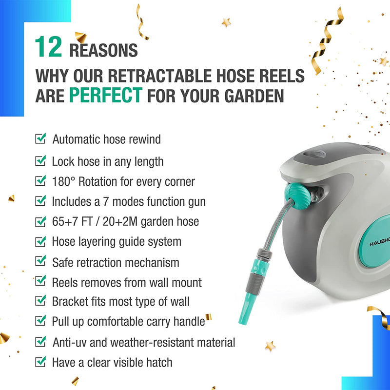 HAUSHOF Hose Reel, Wall Mounted Retractable Garden Hose Reel with 20+2M Hose 7-in-1 Spray Guns