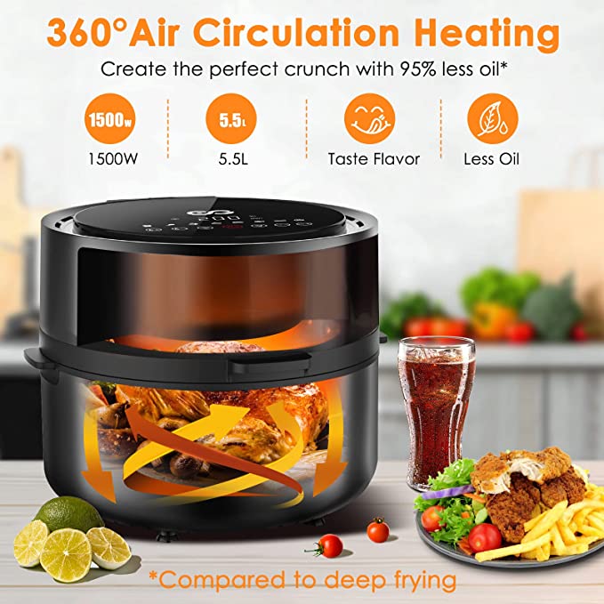 Air Fryer with Rapid Air Circulation,5.5L Large Capacity,1500W,7 Preset Modes, Cooking Window, Digital LED Touch Screen and Timer/Temp Control Low Fat