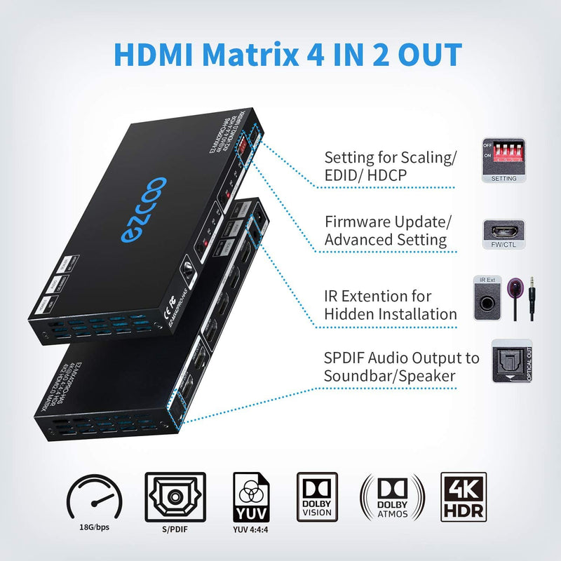 HDMI Matrix 4 in 2 Out 4K 60Hz 4:4:4 HDR SPDIF 5.1CH Breakout 3.5mm Stereo HDCP2.2- PC Console 16 EDID HDMI Scaler 4K 1080P Sync, MX42PRO