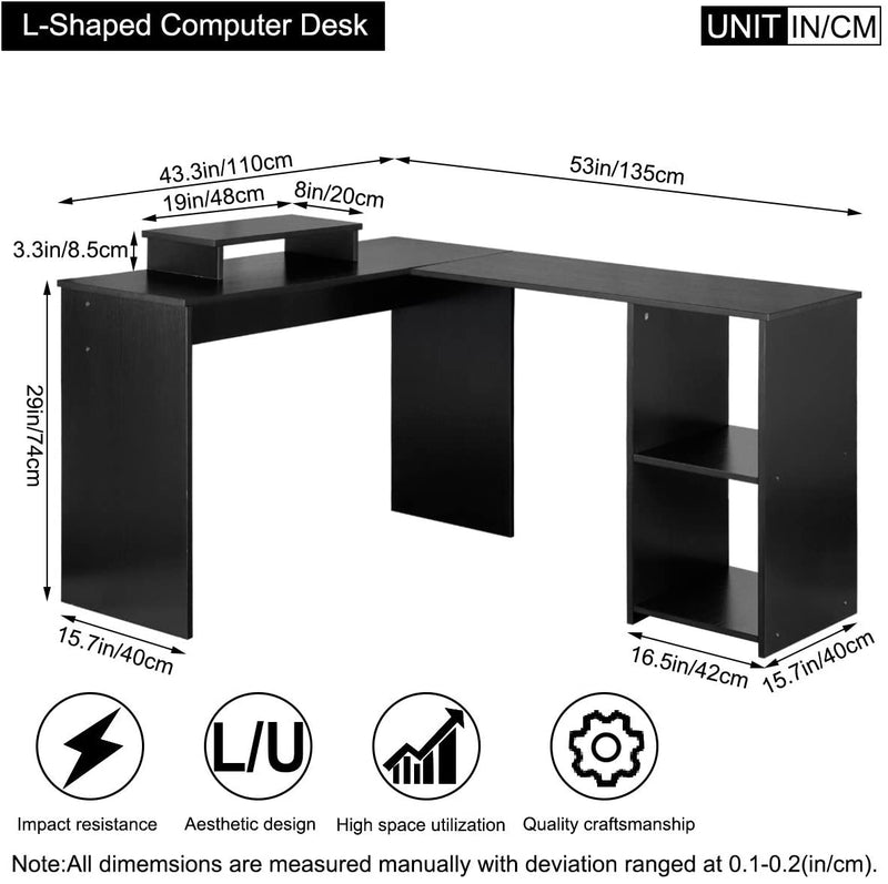 dosleeps L Shaped 53" Computer Corner Desk, FREE Monitor Stand, Home Gaming Desk, Office Writing Workstation with 2 Storage/Book Shelves, Black
