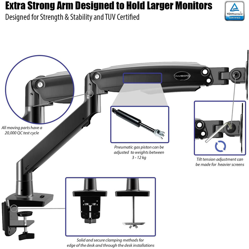 Invision Monitor Arm Bracket for 22”-35” Screens VESA 75mm & 100mm – Gas Spring Full Motion Long Arm Desktop Clamp Mount - Weight 3kg to 12kg (MX450)