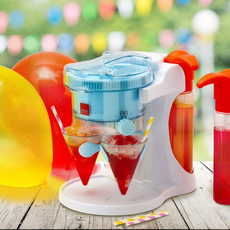Sensio Home Snow Cone Maker Machine, Crushed Ice, Slushie Cocktail Maker Shaved Ice Machine with 2 Reusable Slush Cones and 2 Dispensing Syrup Bottles