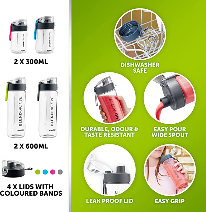 Breville Blend Active Personal Blender & Smoothie Maker 350W | 4 Portable Blend Active Bottles (300ml | 600ml) | Leak Proof Lids [VBL252]