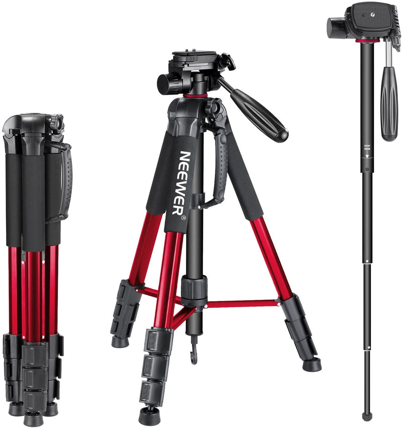Neewer Portable 70 inches/177 centimeters Aluminium Alloy Camera Tripod Monopod with 3-Way Swivel Pan Head, Load 8.8lbs/4kg Red (SAB264)