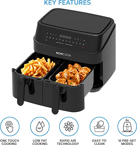 MONCOOK Double Air Fryer, 2-in-1 Drawer, 9L With 2 x 4.5L Baskets - 50 Recipe Cookbook  - Digital LED Display Airfryer - 12 Pre-Set Cooking Programs
