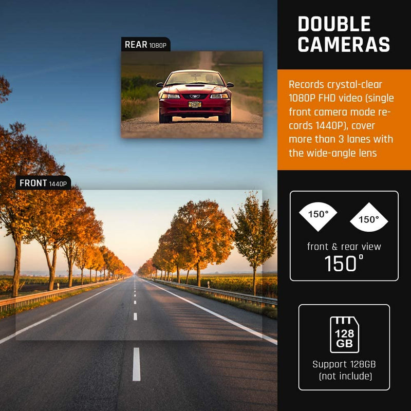 Dash Cam Front and Rear 1440P & 1080P, Built with WIFI & GPS (Single Front 1440P), Car Camera 3 Inch Touch Screen Driving Recorder with Night Vision
