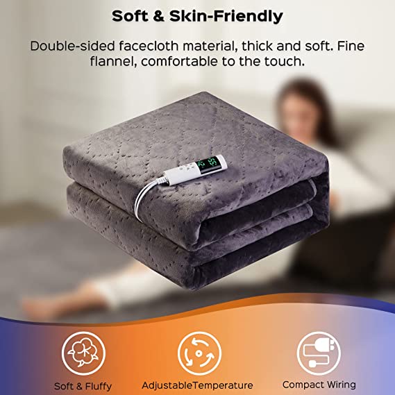 Admirer Electric Blanket, 180x130cm Flannel Thermo Heated Blanket, 12H Timer, Heated Throw with Auto Shut-off & Overheat Protection, Washable, Grey