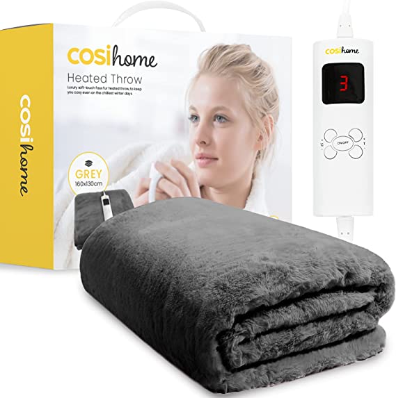 Cosi Home Luxury Fur Heated Throw - Electric Blanket with 9 Heat Settings, Timer and Overheat Protection - Machine Washable with Remote Control - Grey