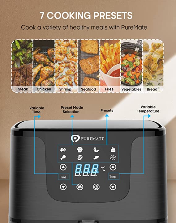 PureMate Digital Air Fryer Oven with Recipes Cook Book, 5.5L, 1700W, 7 Preset, LED One Touch Screen, Timer & Temperature Control for Low Fat Cooking