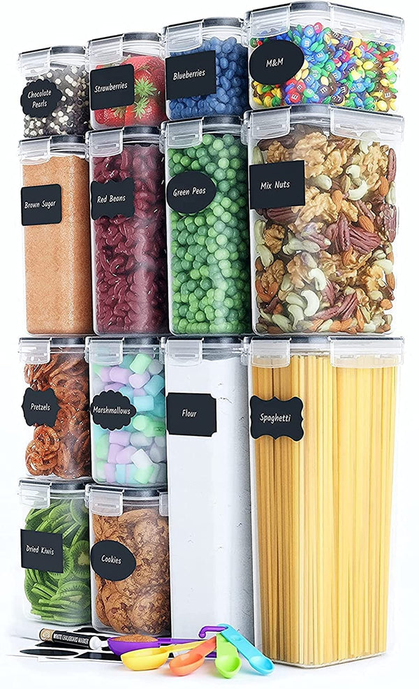 Airtight Food Storage Containers Set 14 Pcs - Kitchen Pantry Organization and Storage, Plastic Canisters with Durable Lids Includes Labels & Spoon Set