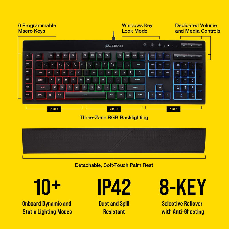 Corsair K55 RGB Membrane Gaming Keyboard (6 Programmable Macro Keys, 3-Zone RGB Backlighting, Multimedia Controls, UK Layout) - Black