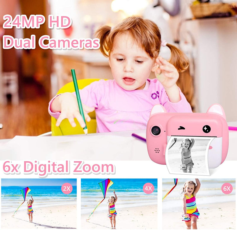 TOYOGO Instant Print Camera for Kids, Selfie Kids Camera, Digital No Ink with 3 Rolls Print Paper,1000 mAh Dual Lens,1080P HD Video Recorder Pink