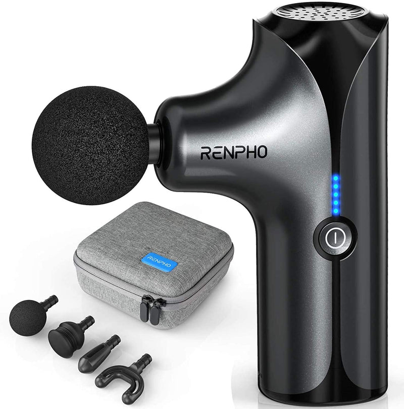RENPHO Mini Massage Gun includes cylinder, flat, u-shaped, bullet head attachments and carrying case.